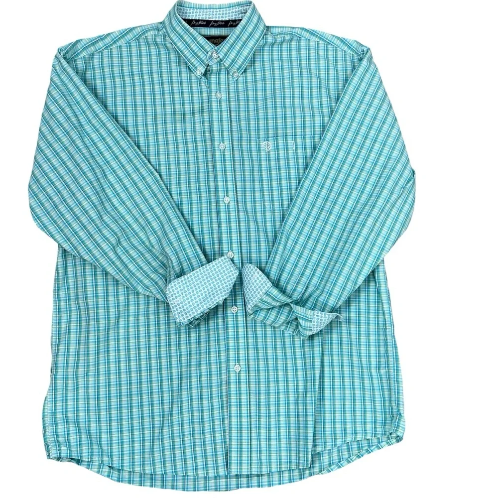 Wrangler George Straight Button Down Turquoise Plaid Contrast Trim Dress Shirt